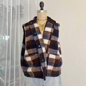 Plaid Faux Fur Sleeveless Button Up Fleece Vest